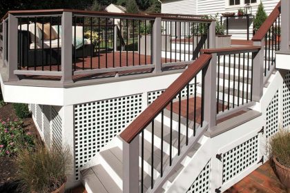 Brown deck with white accents, built with Trex decking material